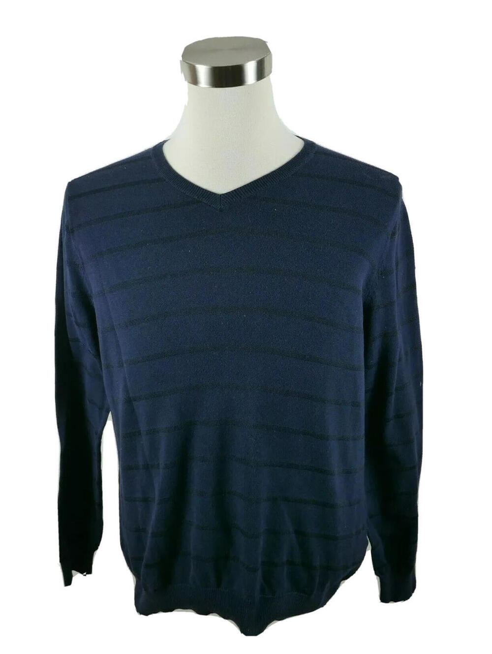 Marc Anthony Mens V Neck Navy Blue Striped Sweater Size XL